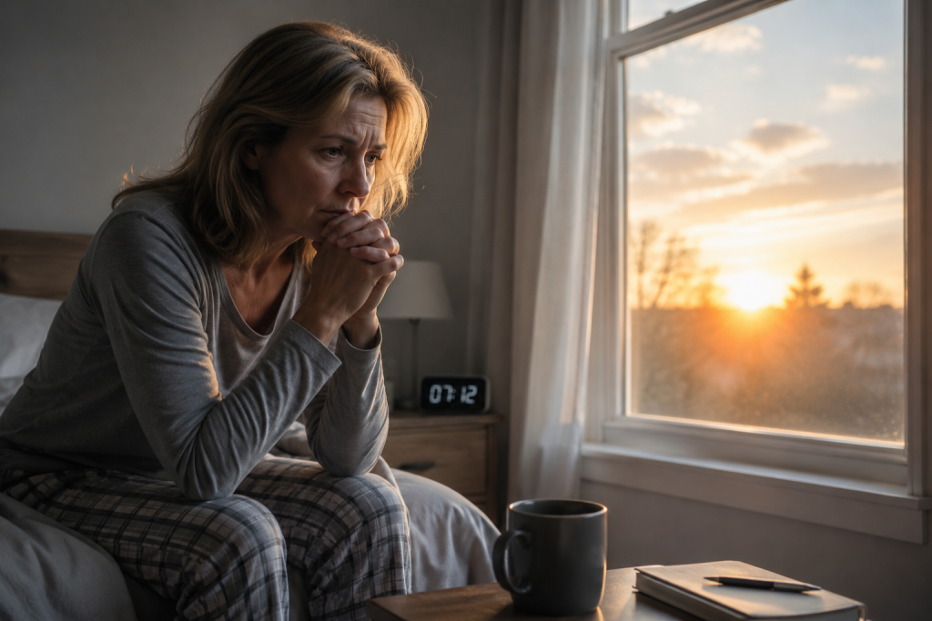 Nachdenkliche Frau sitzt morgens am Bettrand und blickt besorgt aus dem Fenster – Symbolbild für Angst am Morgen und innere Unruhe nach dem Aufwachen.