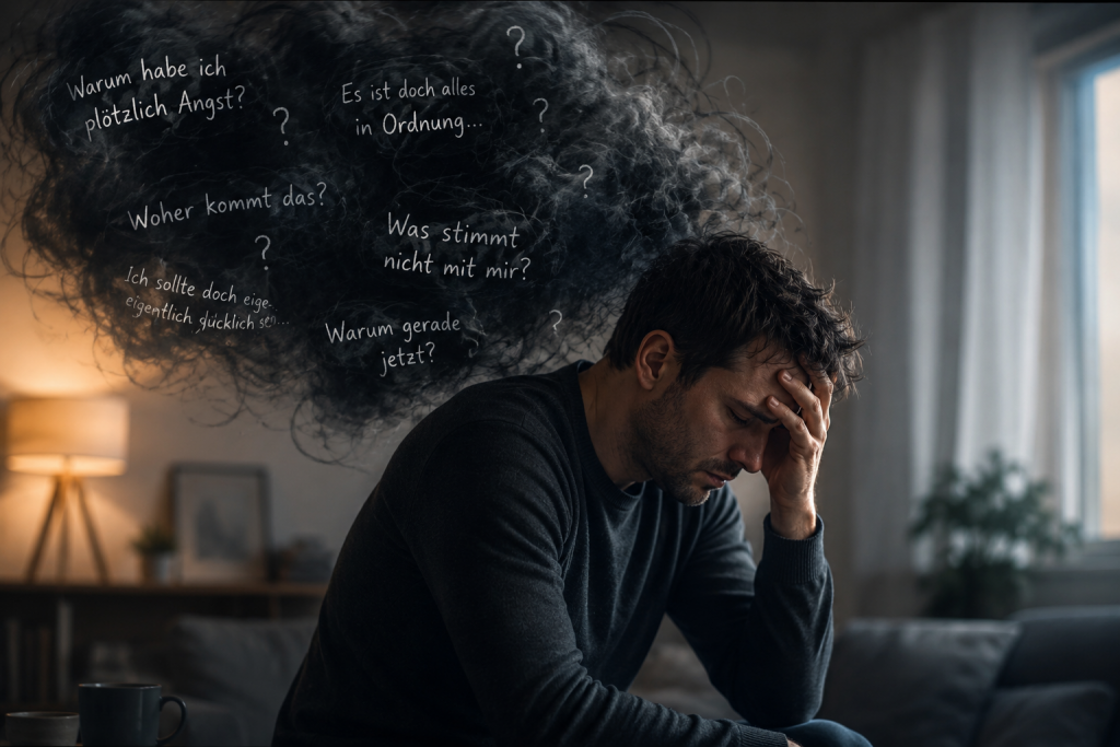 Nachdenklicher Mann mit sorgenvollen Gedanken – Symbolbild für Angst ohne erkennbaren Grund und innere Unsicherheit.