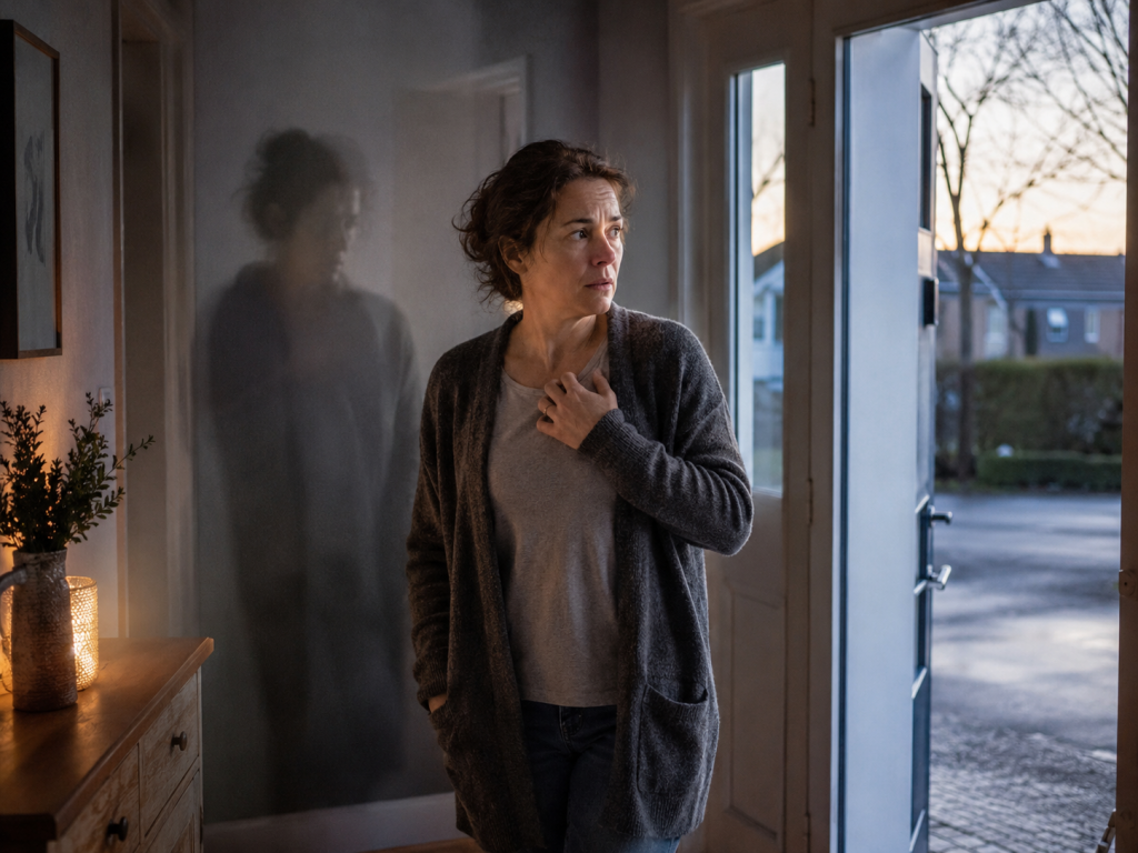Frau steht angespannt an einer geöffneten Tür – Symbolbild für Angst vor der Angst und innere Alarmbereitschaft.