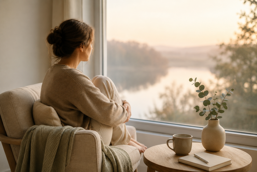 Frau sitzt ruhig am Fenster und blickt nach draußen – Symbolbild für dauerhafte Anspannung und innere Unruhe.