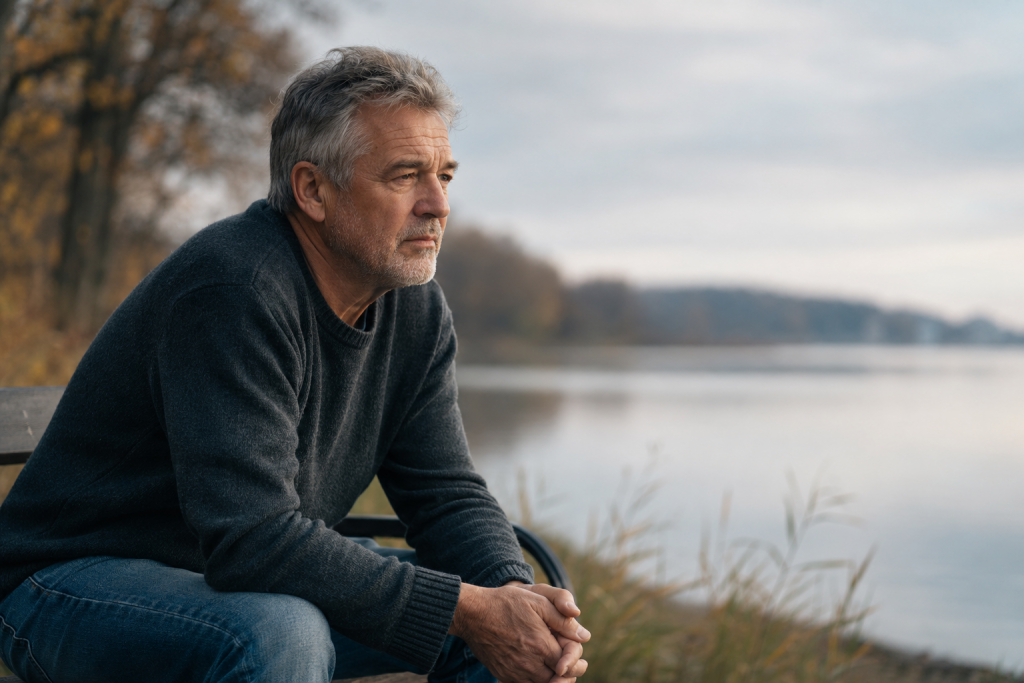 Älterer Mann sitzt nachdenklich auf einer Bank am See – Symbolbild für innere Anspannung und das Gefühl, trotz Ruhe nicht zur Ruhe zu finden.