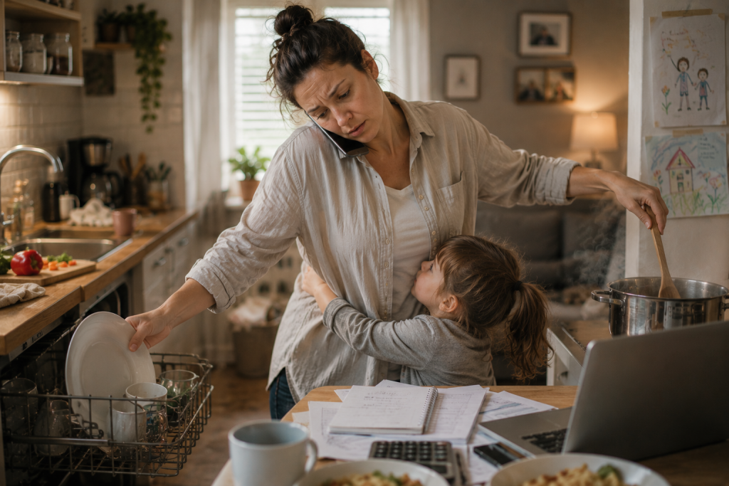 frau kümmert sich gleichzeitig um Haushalt, Kind und Arbeit – Symbolbild für ständiges Funktionieren, Verantwortung und das Gefühl, immer stark sein zu müssen.