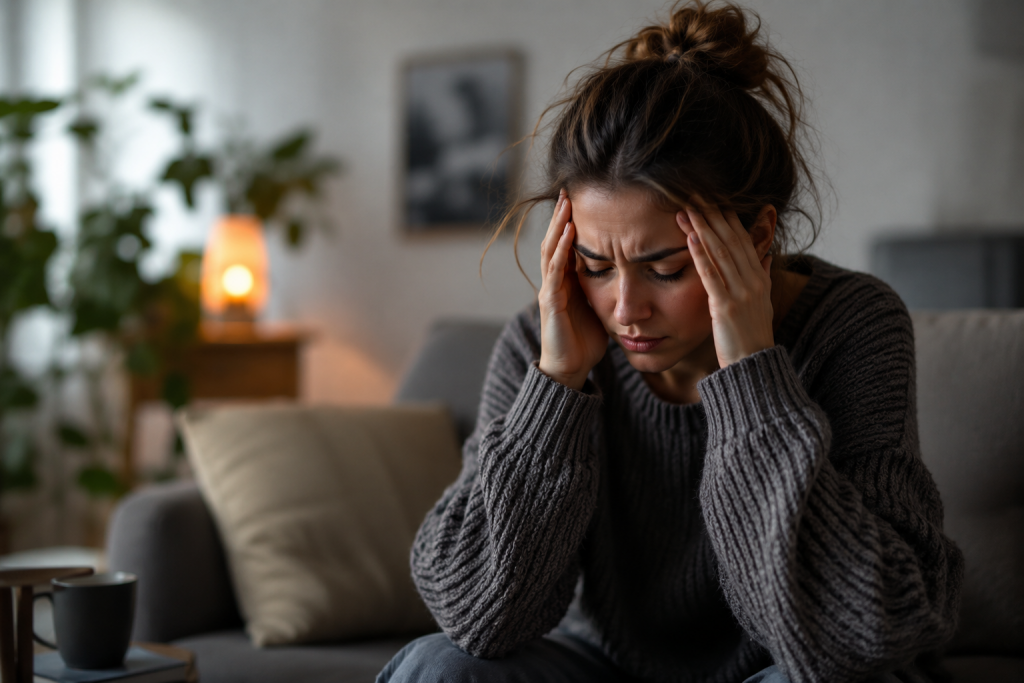 Frau sitzt angespannt auf einem Sofa und hält sich den Kopf – Symbolbild für innere Unruhe und einen anhaltenden Alarmzustand des Körpers.
