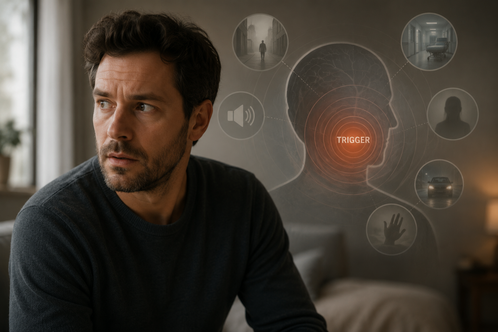 Nachdenklicher Mann mit symbolischer Darstellung eines Triggers und der Aktivierung des Nervensystems nach belastenden Erfahrungen