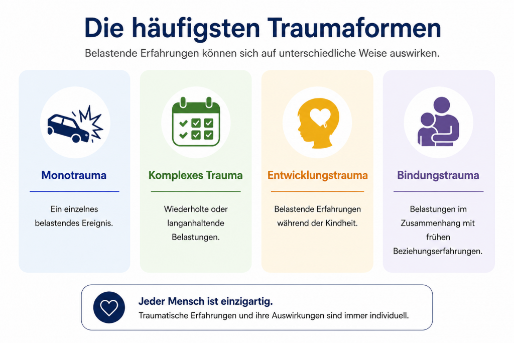 Infografik: Die häufigsten Traumaformen – Übersicht zu Monotrauma, komplexem Trauma, Entwicklungstrauma und Bindungstrauma