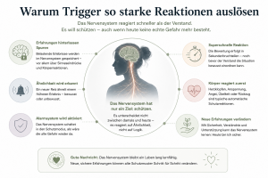 Infografik zur Erklärung, warum Trigger starke Reaktionen auslösen: Das Nervensystem erkennt Ähnlichkeiten zu früheren belastenden Erfahrungen, aktiviert automatisch eine Schutzreaktion und kann durch neue sichere Erfahrungen umlernen.