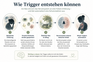 Infografik zur Entstehung von Triggern: Von einer belastenden Erfahrung über einzelne gespeicherte Sinneseindrücke bis zur automatischen Schutzreaktion des Nervensystems durch einen ähnlichen Reiz im Alltag