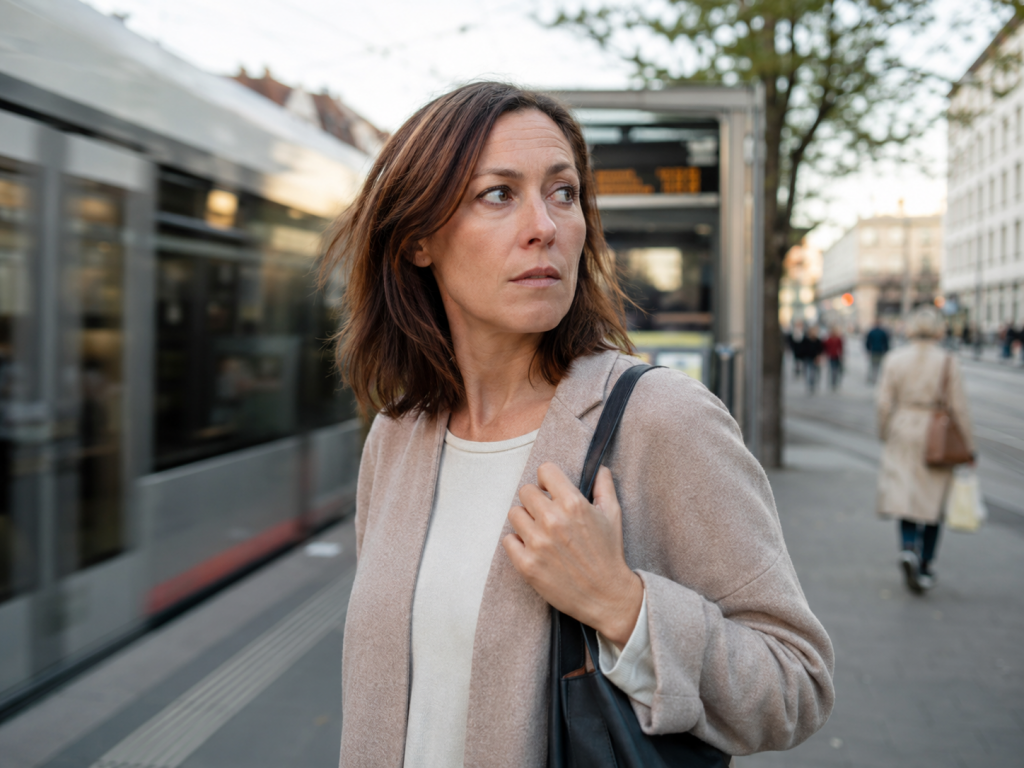 Angespannte Frau an einer Straßenbahnhaltestelle als Symbol für einen Körper im Alarmmodus