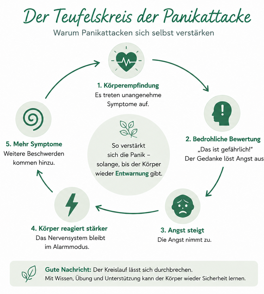 Infografik: Der Teufelskreis einer Panikattacke – Körperempfindung, bedrohliche Bewertung, zunehmende Angst, stärkere Körperreaktion und weitere Symptome verstärken sich gegenseitig.