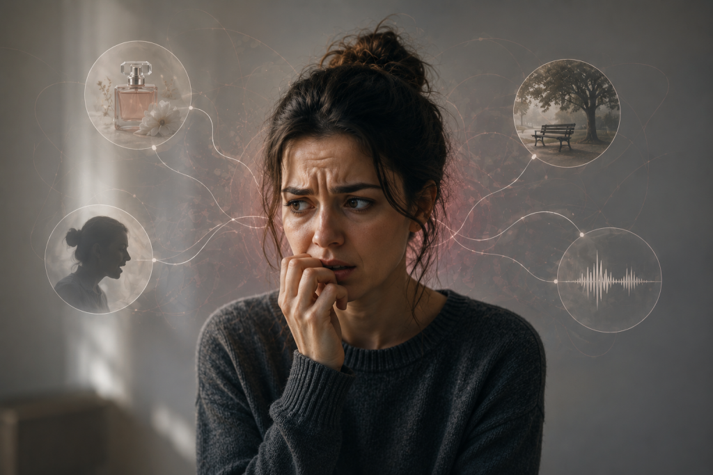 Nachdenkliche Frau mit ängstlichem Blick und symbolischen Darstellungen möglicher Trigger wie Geruch, Geräusch, Ort und Erinnerung, die eine Reaktion des Nervensystems auslösen können.
